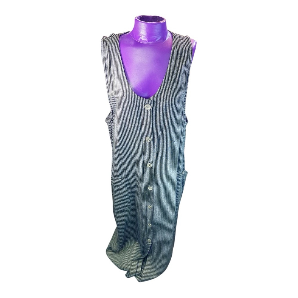 Amanda Gray Striped Vneck Button-Down Sleeveless Maxi Dress with pockets M